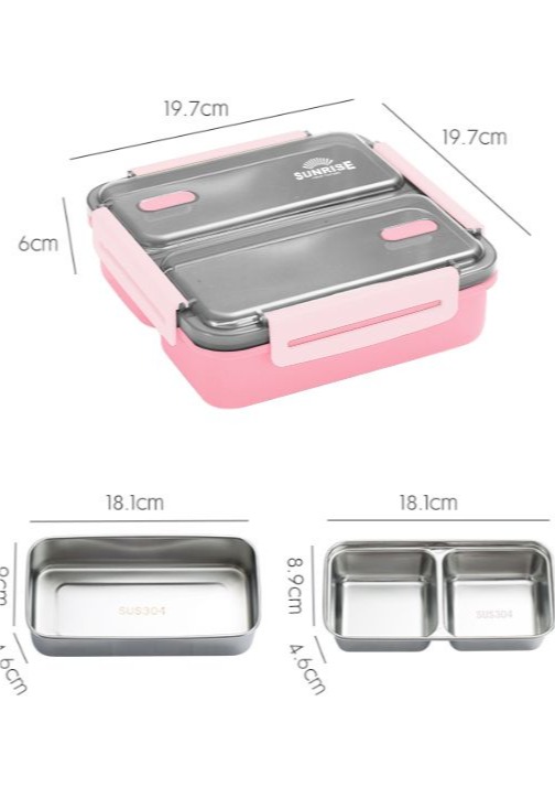 סנרייז קופסת אוכל פלסטיק מרובעת עם מגשי נירוסטה ורוד