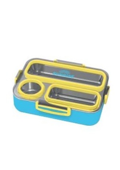 פסה אוכל מלבנית שני צבעים עם סיליקון ומגש נירוסטה כחול צהוב