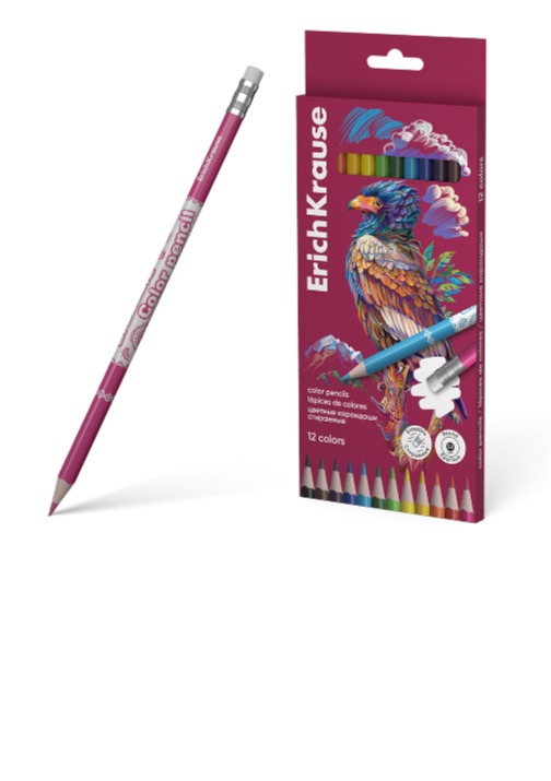 עפרונות צבעוניים עגול  12 צבע מחיק עם מחק